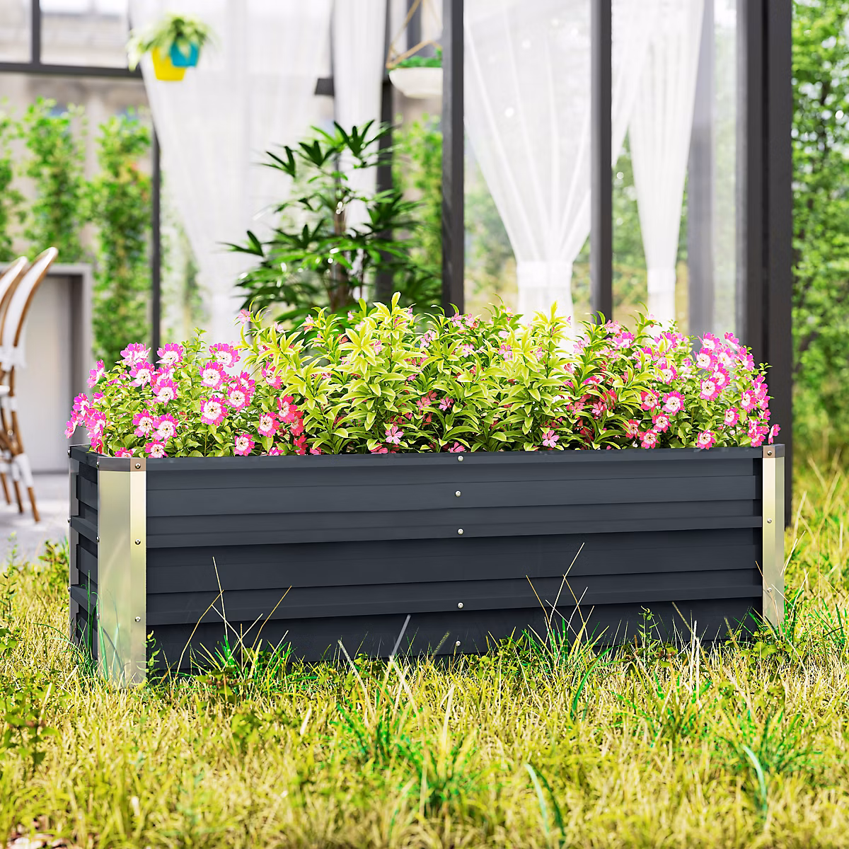 Carré potager surélevé 125 × 47 × 40 cm en acier gris avec fond ouvert