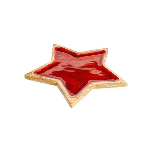 Jardin au quotidien:Plateau forme étoile en bois de manguier émaillé rouge - 30 x 30 x 2,3 cm