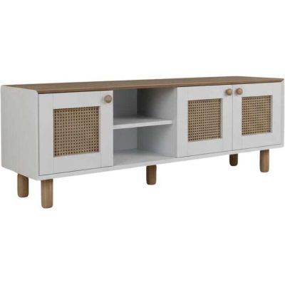 Meuble TV 3 portes en aggloméré Bohemian (Blanc et chêne avec cannage)