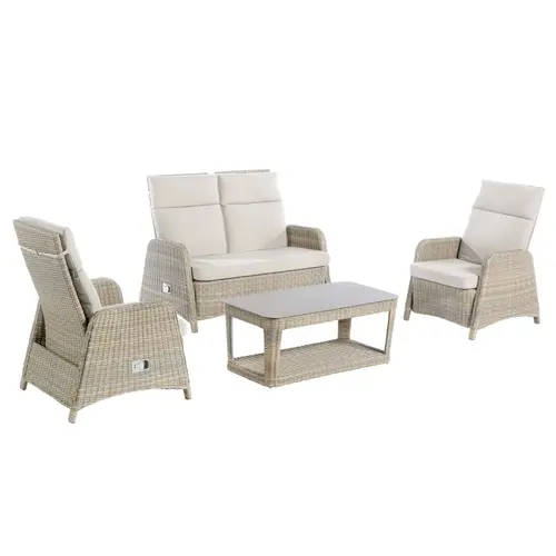 Facile pour le jardin：Salon de jardin en résine coloris beige Vérando - 4 éléments (canapé, table basse et deux fauteuils)