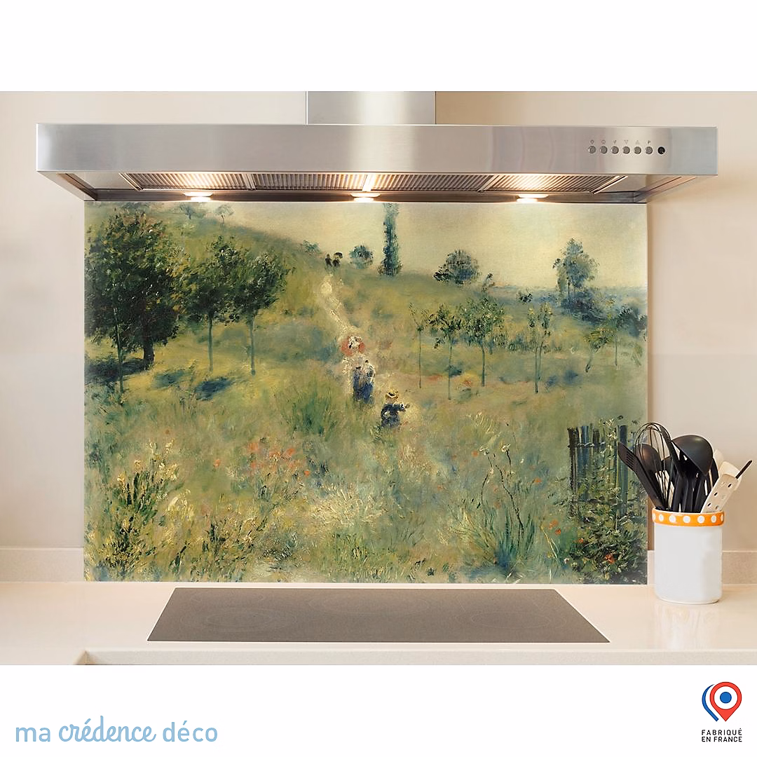 Crédence cuisine fond de hotte Auguste Renoir – Chemin montant dans les hautes herbes, Verre trempé, L 90 cm x H 70 cm