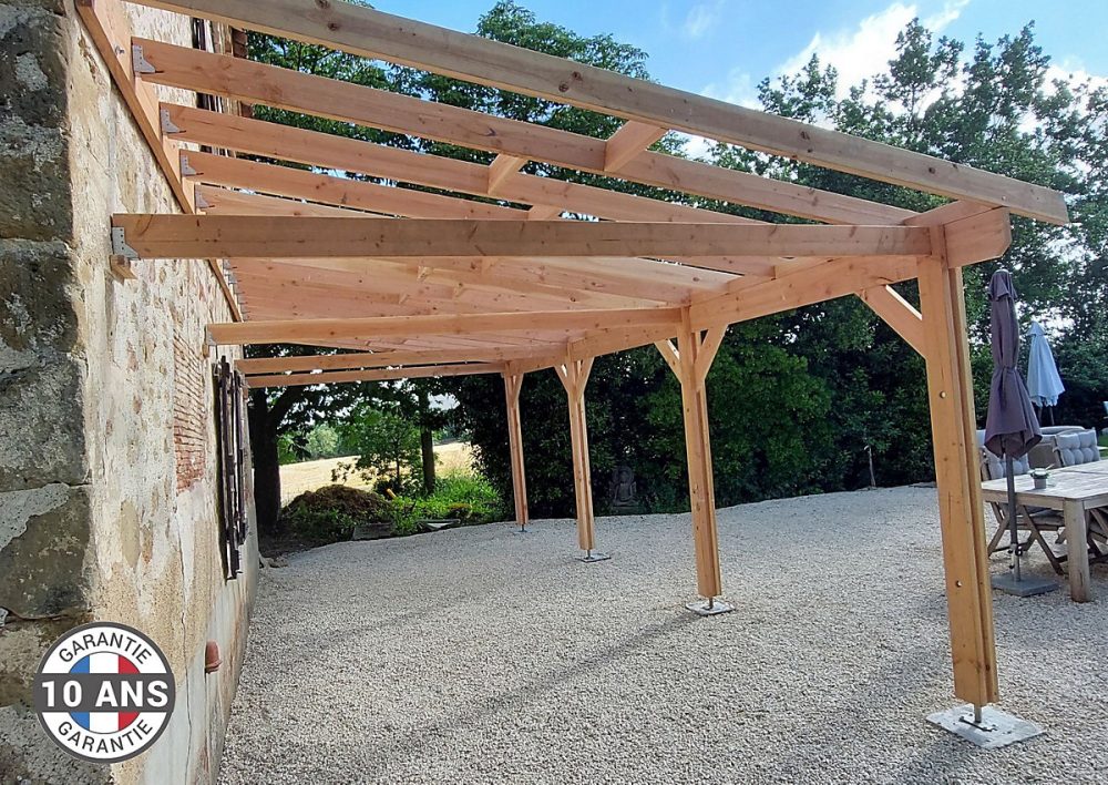 Carport adossé une pente 350cmx800cm – bois DOUGLAS Français (Charpente en bois | auvent | abri voiture) 28 m². Garantie 10 ans