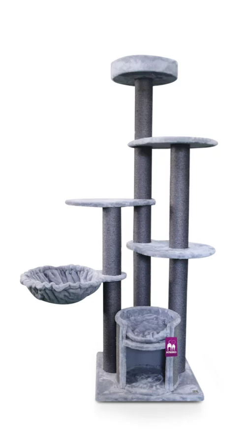 Une solution adaptée à l’extérieur：Arbre à chat coloris gris Petrebels Cottage 191 – 60 x 60 x 191 cm