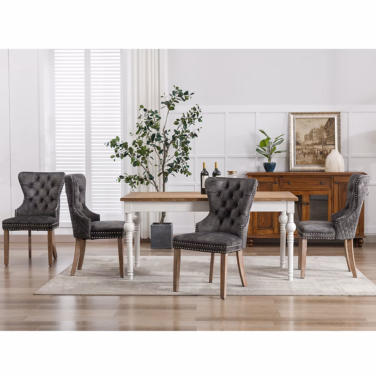 Chaises de Salle à Manger – Lot de 4, Dossier Haut avec Anneau, Pieds en Bois, Velours Gris, 53,5 × 64 × 95 cm