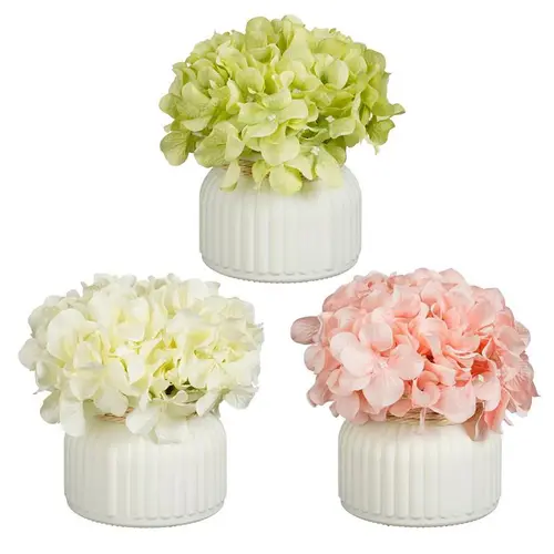 Pour faciliter la vie dehors:Hortensia artificiel en pot céramique blanc - Ø 17 x H 18 cm