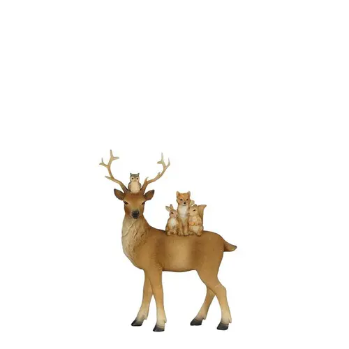 Jardin au quotidien：Cerf marron en résine avec animaux - 15 x 6 x 19,5 cm