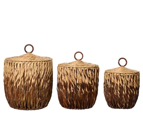 Adapté à votre jardin：Panier de rangement en jacinthe brun et beige grand modèle - Ø 38 x H 44 cm