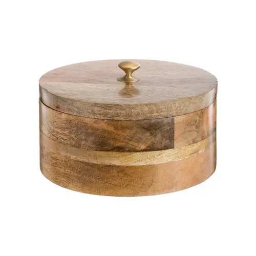 Pour mieux équiper vos extérieurs：Boîte ronde avec couvercle en bois de manguier naturel - Ø 20 x H 10 cm