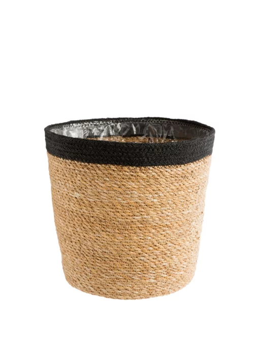 À découvrir au jardin：Cache-pot vannerie naturelle avec rebord noir coloris beige - 15 x 14 x 12 cm