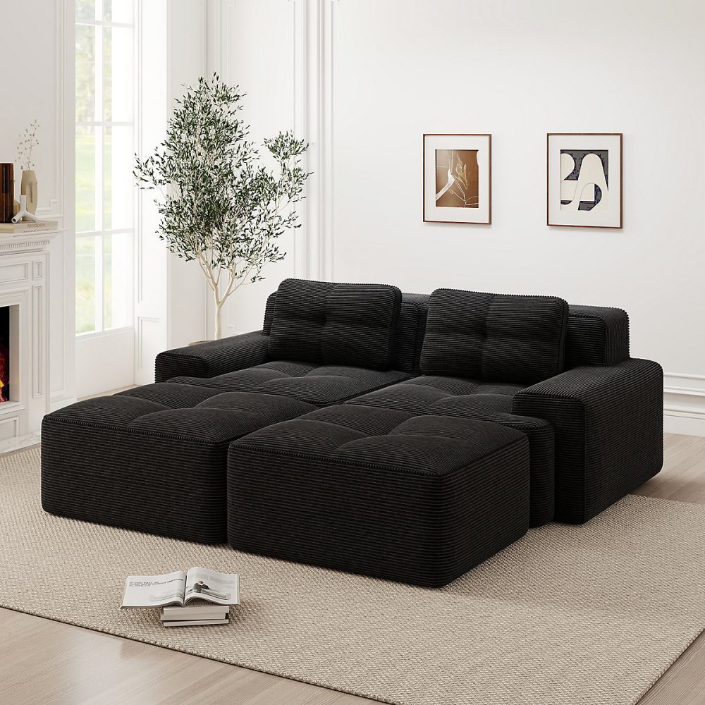 Canapé modulaire en U – 2 places, noir, confortable, sans montage