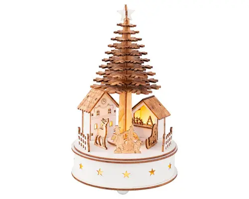 Idéal pour l’extérieur:Village animé lumineux rond en contreplaqué avec sapin à 5 LED blanc chaud Dicken’s - Ø 15 x H 25 cm