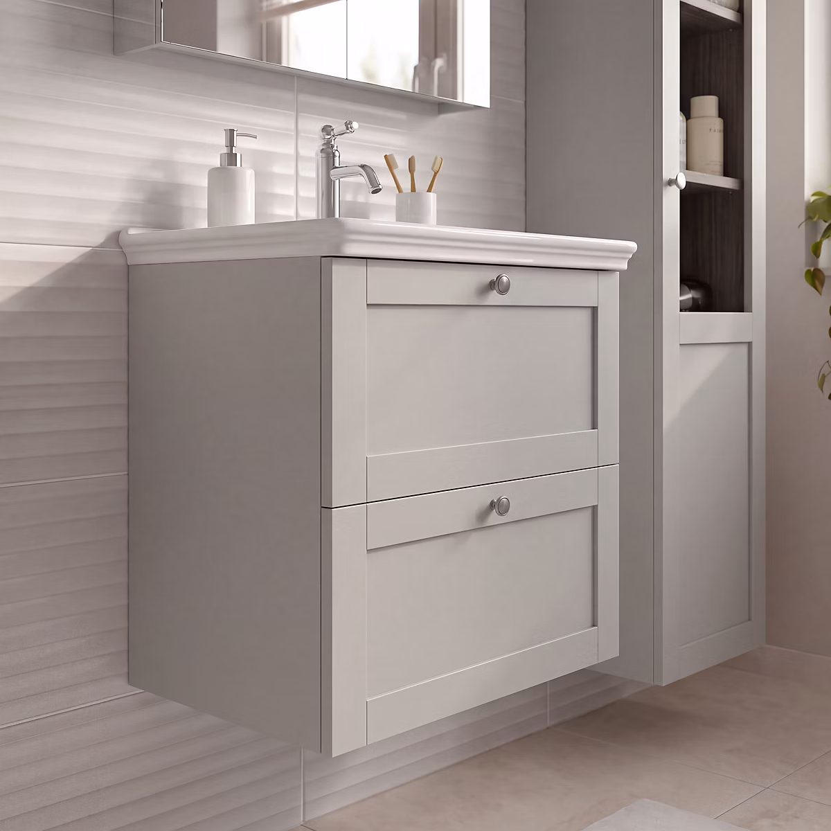 Meuble sous vasque suspendu taupe l.60 cm 2 tiroirs Imandra + plan vasque blanc céramique Endell – GoodHome