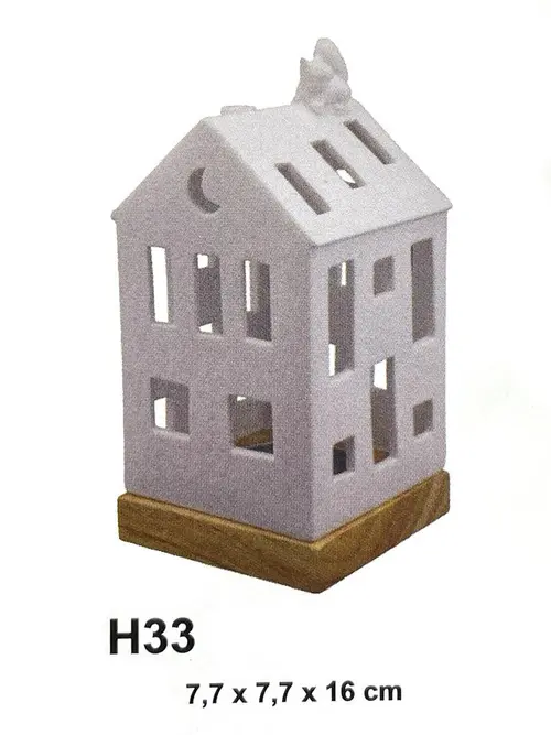 Vie dehors：Photophore forme maison en céramique blanche avec écureuil taille M - Ø 7,7 x H 16 cm