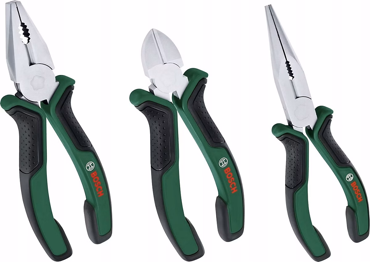 Set de 3 pinces BOSCH 1600A02C0S – universelle 180 mm, bec long 180 mm, coupante diagonale 160 mm