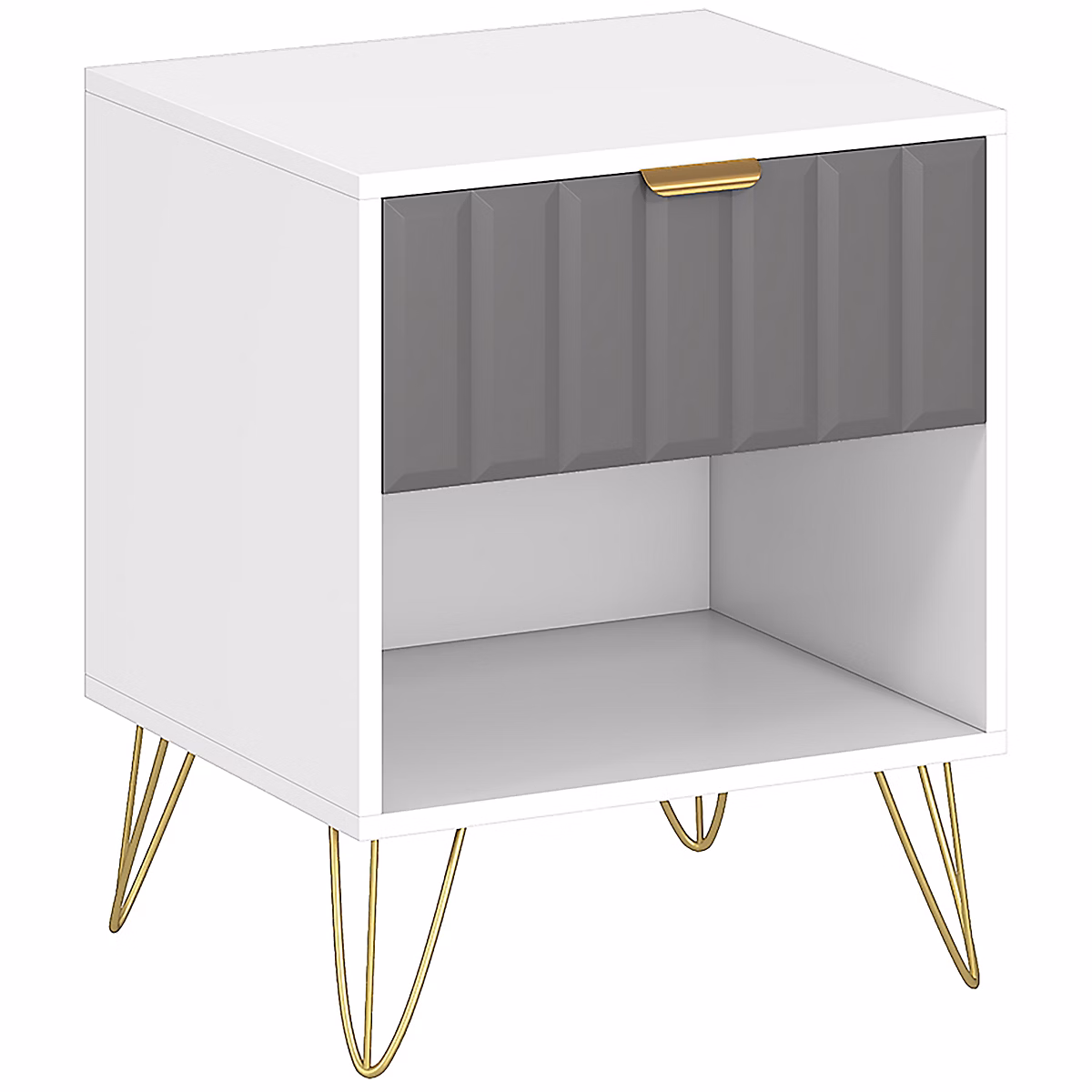 Chevet table de nuit design piètement épingle poignée métal doré façade tiroir texturé gris blanc | Table