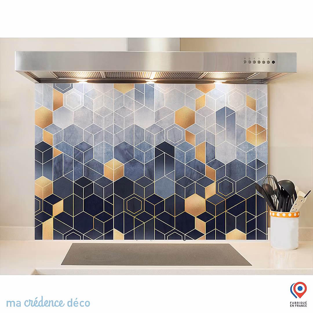Crédence cuisine fond de hotte Cubes dorées – Verre trempé | L 90 cm x H 60 cm | MaCrédenceDéco