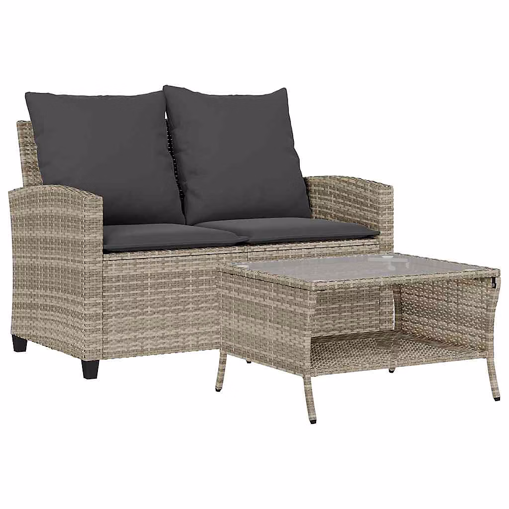 Canapé de jardin 2places coussins et table gris clair polyrotin vidaXL – Réf. OATQDYVEG1120889567