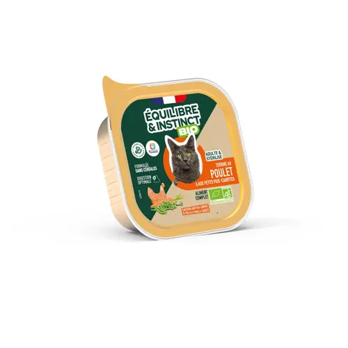 Pratique extérieur:Aliment humide pour chat adulte poulet et petits pois carottes bio Équilibre & Instinct - 85 g