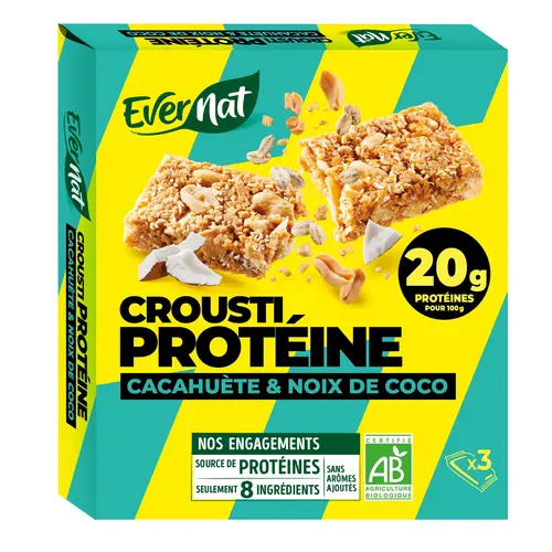 Simple au jardin:Barres protéinées bio croustiprotéine Evernat cacahuète & noix de coco - 120 g