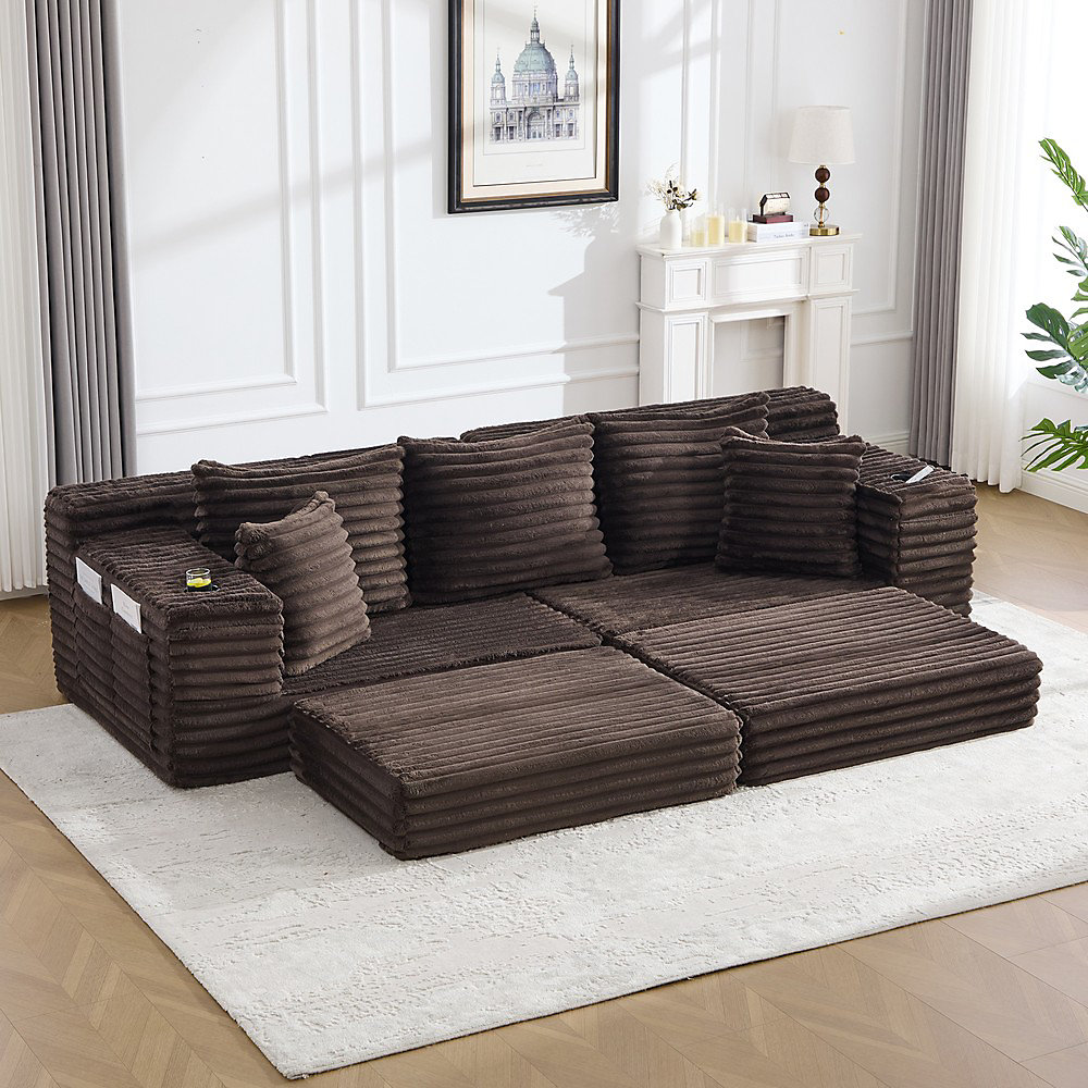 Canapé d'appoint convertible – ,Kaffeebraun, Rembourrage moelleux, Coussin supplémentaire, Pochettes latérales, Porte-gobelets