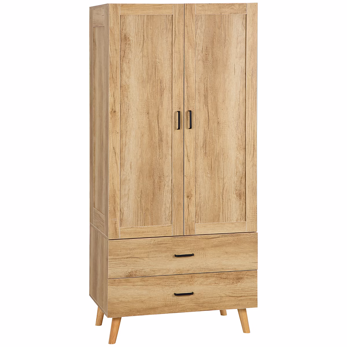 Armoire de rangement design scandinave – armoire de chambre, placard 2 portes avec penderie, 2 tiroirs, aspect chêne clair