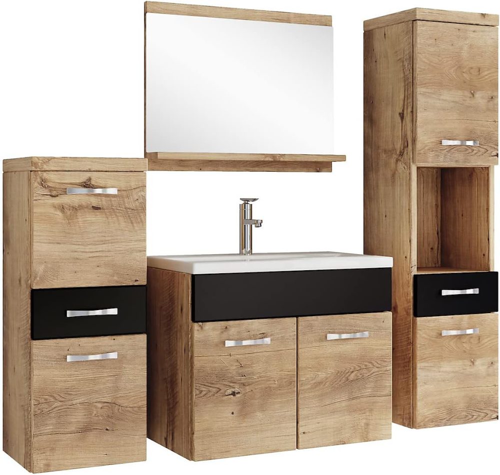 Ensemble Meubles de Salle de Bain Chêne Noir – 4 pièces, Lavabo, Rangements Tiroirs Placards, Miroir