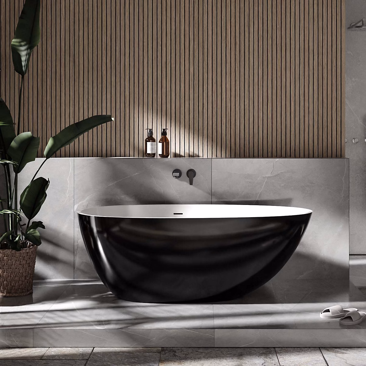Baignoire îlot fonte minérale ovale autoportante Moderne avec bonde – 150 × 75 × 54cm, VELA Noir (brillant)