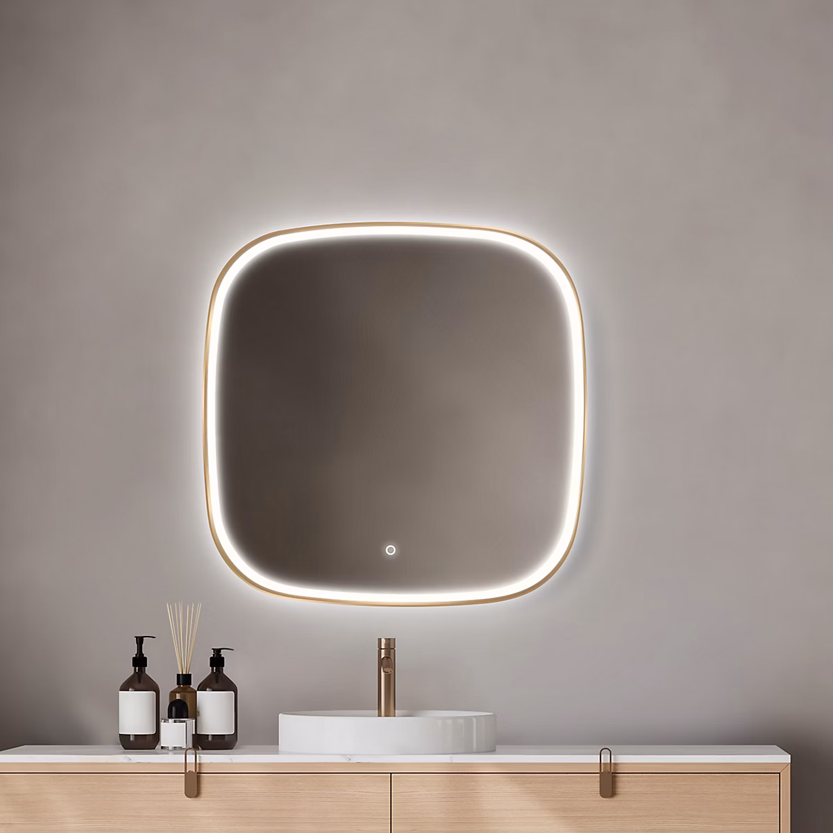 Miroir salle de bains éclairant à LED cadre doré carré l.80 x H.80 x P.4 cm | anti – buée – MPGlass Céleste