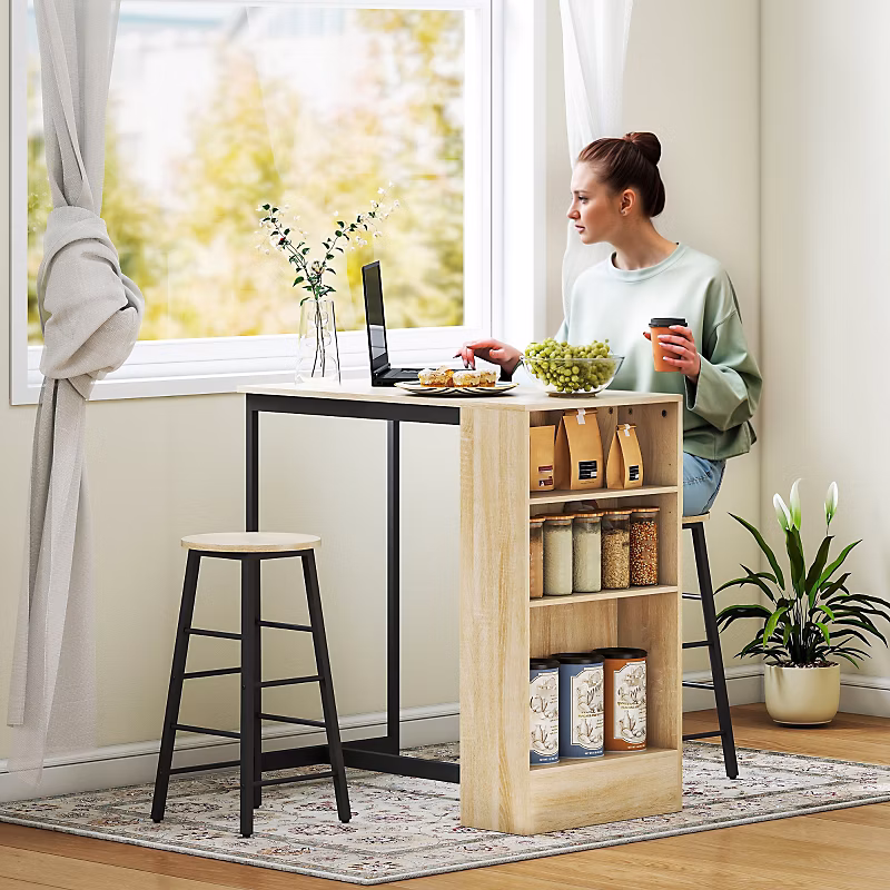 Ensemble table et chaise – Ensemble bar 3 pièces en acier noir et décor chêne avec rangements