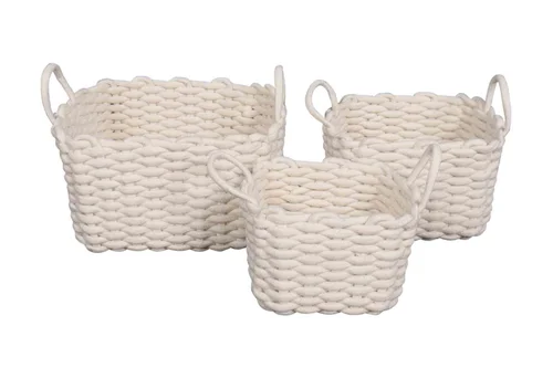 Pour un extérieur accueillant：Panier carré tricoté avec poignées coloris blanc en polyester - 23 x 23 x 17 cm