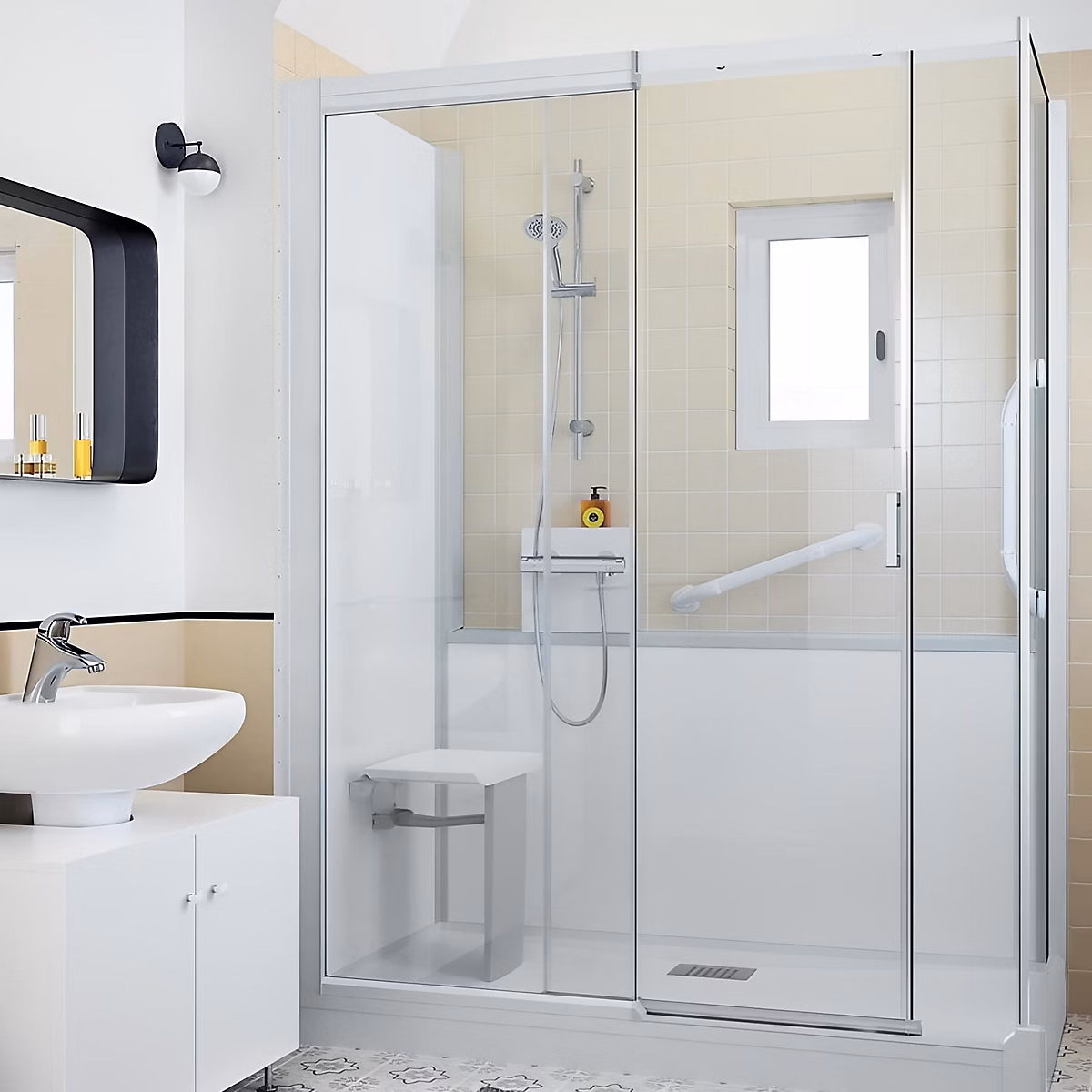 Cabine de douche Kinedo Kinemagic Design 100 × 90 angle basse coulissante verre transparent avec mitigeur