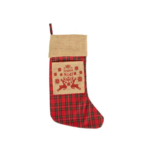 Esprit végétal:Chaussette de Noël à suspendre en jute décor rennes rouge et beige - 20 x 52 cm
