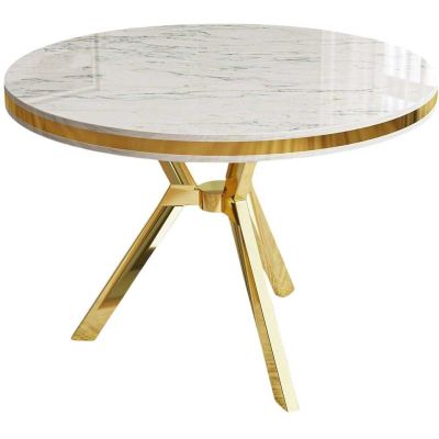 Table de repas ronde pieds métal Mos (Blanc marbré et Doré)