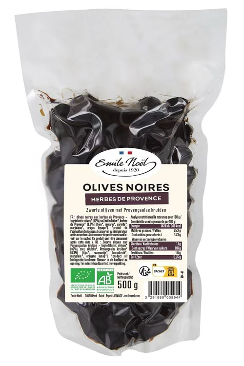 Côté extérieur：Olives noires aux herbes de Provence bio en sachet de 500 g