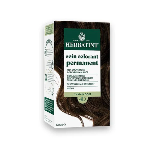 Le pratique au jardin：Coloration permanente pour cheveux châtain doré 4D aux extraits végétaux biologiques vegan Herbatint - 170 ml