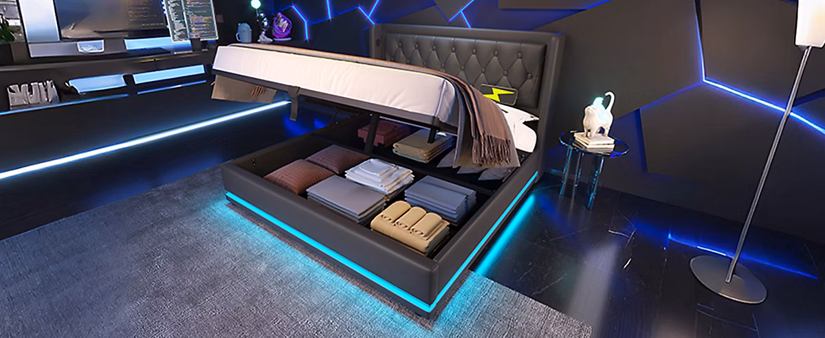 Canape lit 140 × 200 cm convertible avec coffre hydraulique LED 3 cotes et ports USB C revetement PU noir