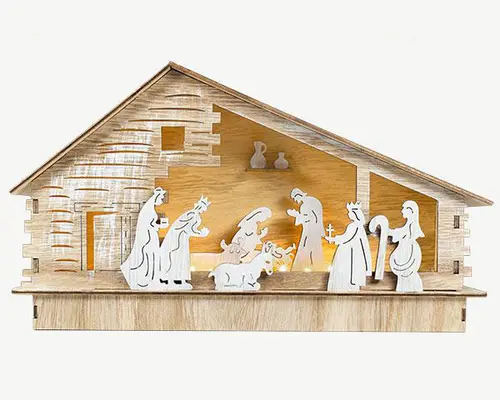 Pour un jardin agréable:Scénette crèche en bois naturel avec personnages blanc à 5 LED blanc chaud sur piles - 30 x 7 x 17,5 cm