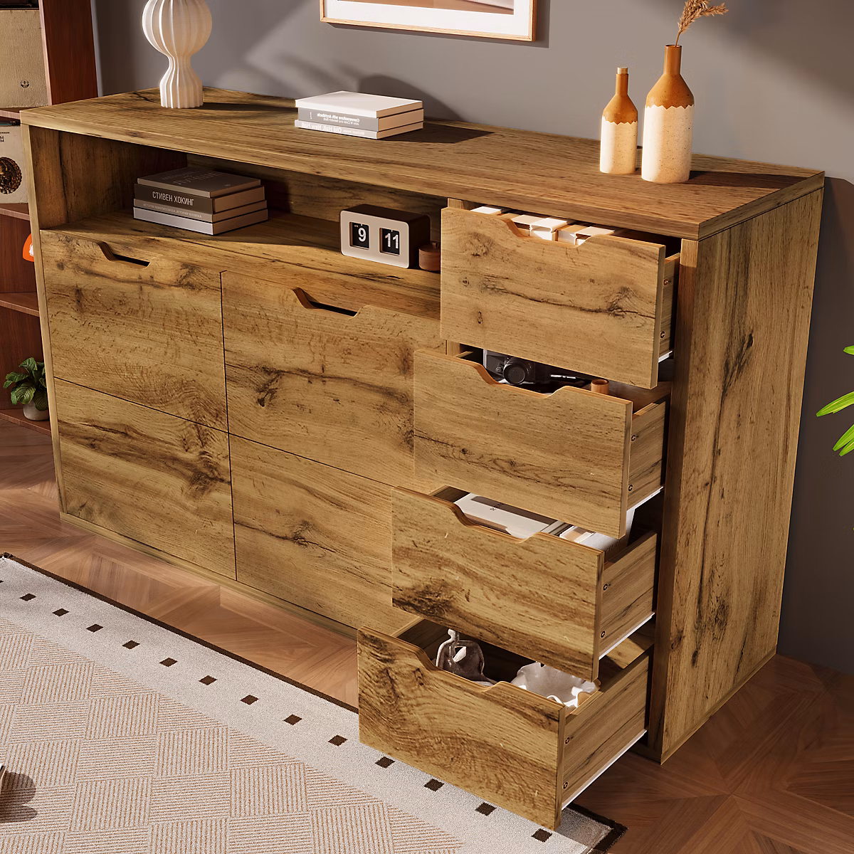 Commode 150 cm en bois coloris chêne avec 4 tiroirs et 2 portes – Réf. REZBCFMYP3034824113