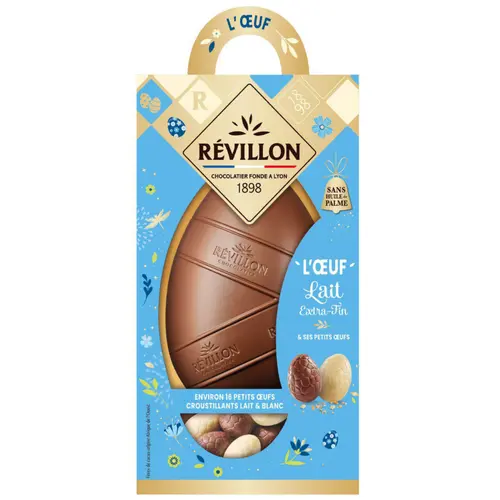 Pour vos moments en extérieur:Œuf moulage chocolat au lait et ses petits œufs croustillants lait & blanc Révillon - 250 g