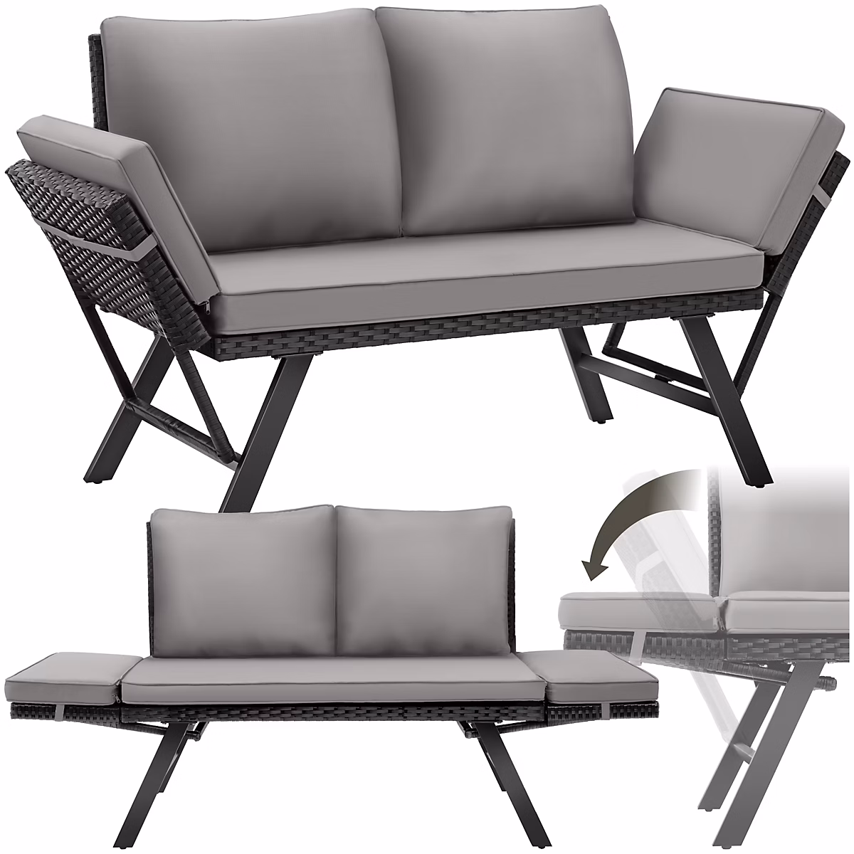 Canapé lounge en rotin avec fonction 2-en-1 gris clair/noir – Réf. FDKKARRQB0361197393