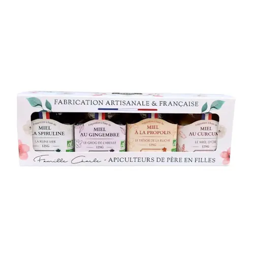 Maison et jardin:Coffret de 4 miels propolis, gingembre, gelée royale et curcuma Abeilles de Malescot - 4 x 125 g