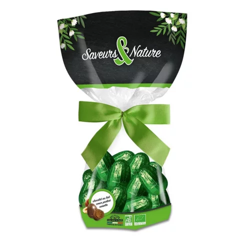 Sélection pour le jardin：Sachet d’œufs au praliné enrobés de chocolat au lait bio Saveur & Nature - 150 g
