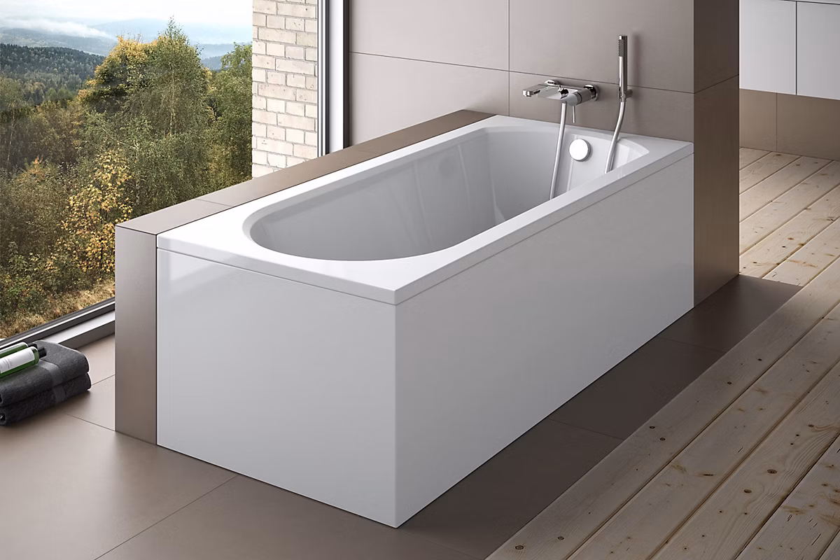 Baignoire rectangulaire 150 x 75 INTRICA acrylique blanc + avec Tablier + Pieds + Vidage à chromé | Baignoire