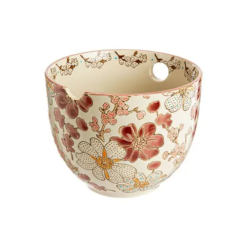 Choix malin：Bonbonnière en grès beige à motifs floraux pourpre Kiyo - Ø 10 x 9 cm