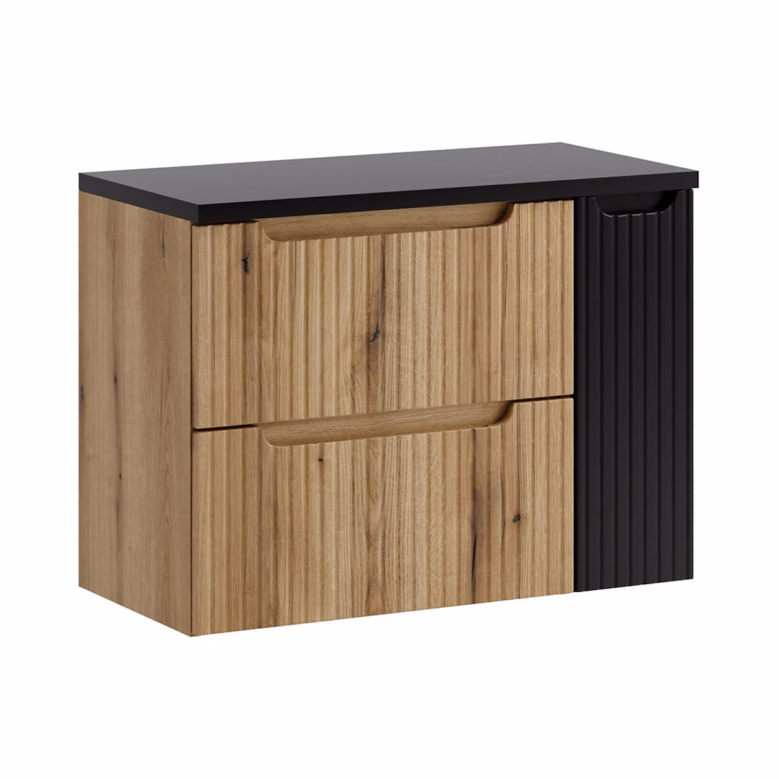 Ensemble de salle de bain suspendu VANO chene clair et noir 80cm : meubles sous vasque à tiroirs et placards et plan pour vasque – Réf. GJLGTJPJT0941499128