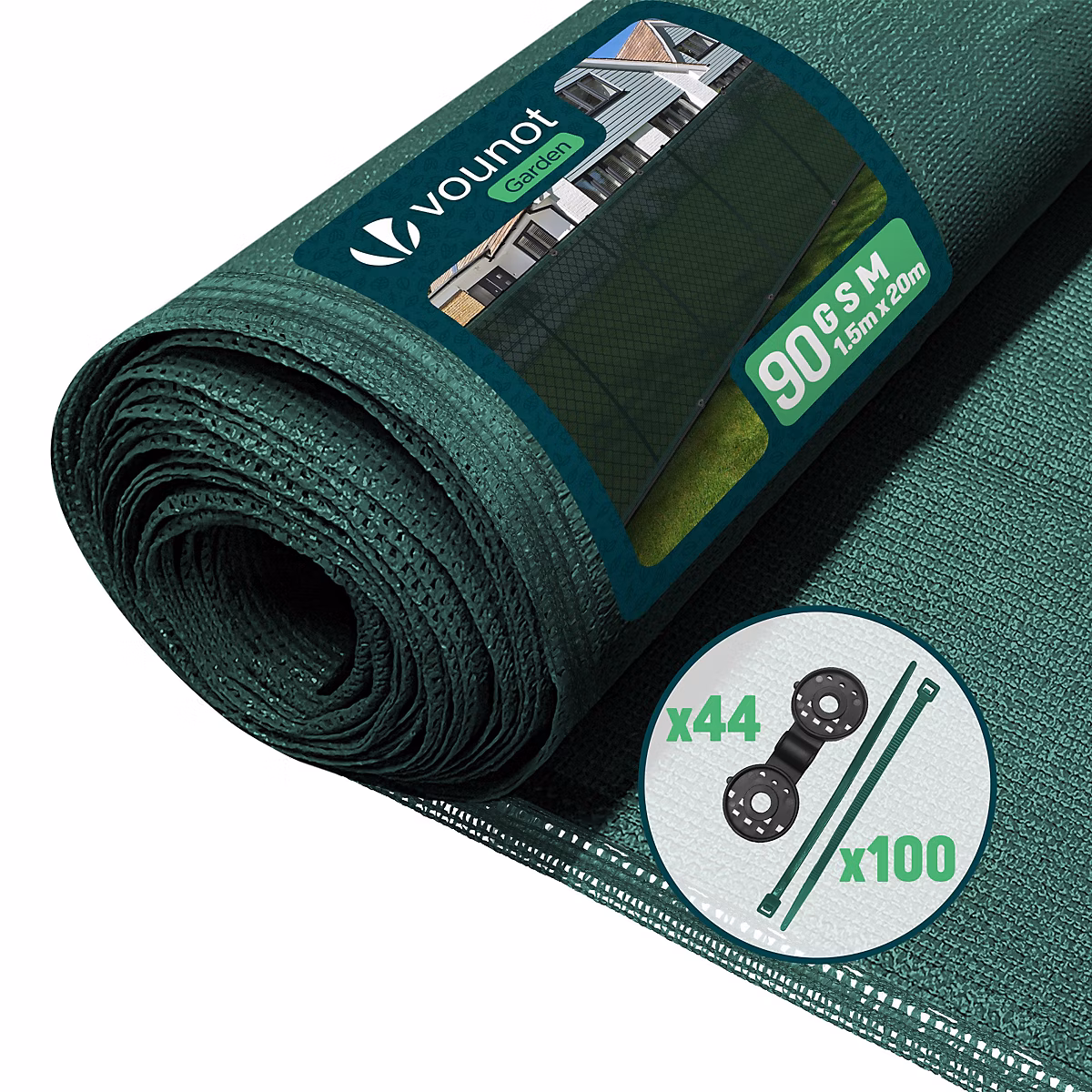 Brise vue occultant en HDPE 90g/m² 1.5 × 20m avec attaches de fixation vert VOUNOT