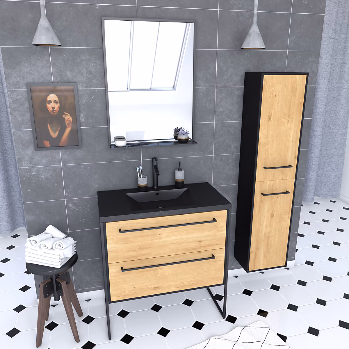 Ensemble Meuble de salle de bain blanc 80cm + vasque noir effet pierre + miroir + colonne rangement – Réf. BVDDSKIRM1371372532