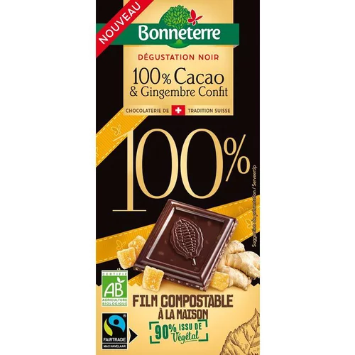 Un plus pour vos extérieurs:Tablette de chocolat 100 % cacao et gingembre confit bio Bonneterre - 90 g