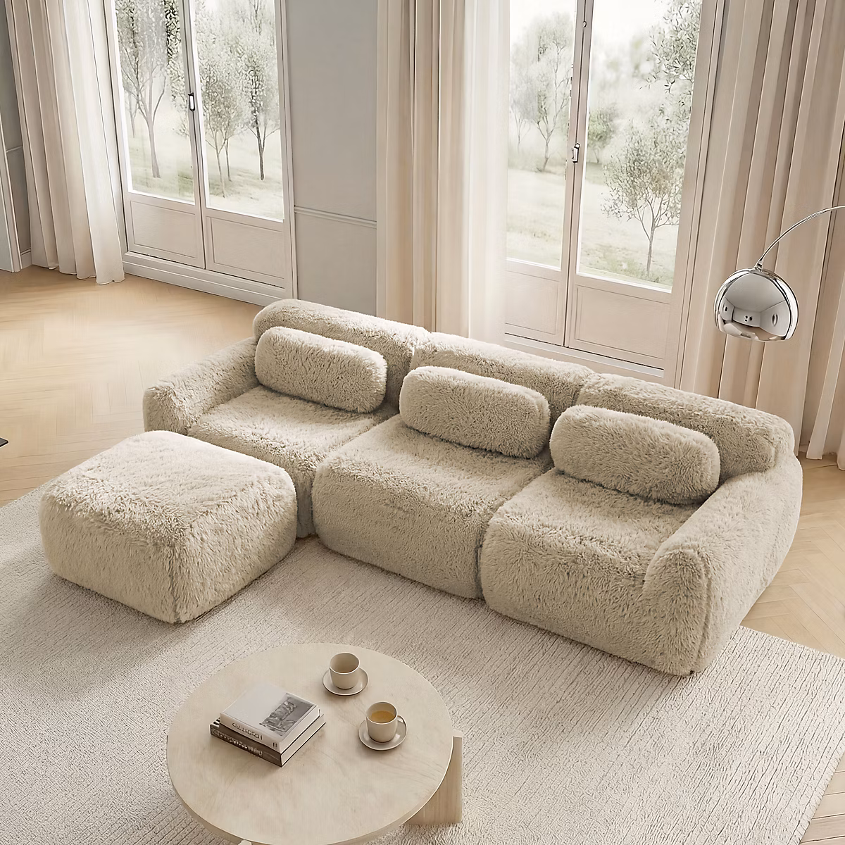 Canapé d'Angle 3 Places avec Pouf | Modulable sans Montage – Assise Moelleuse – Coussins Inclus – Tissu Peluche – Kaki clair