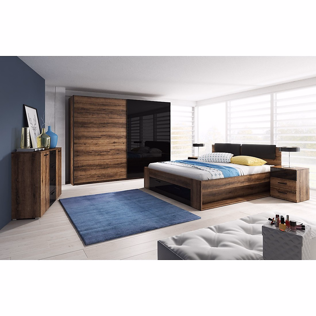 Chambre à coucher FLOYD : Armoire 220cm | Lit 180x200 – commode – chevets. Couleur chene foncé et noir brillant